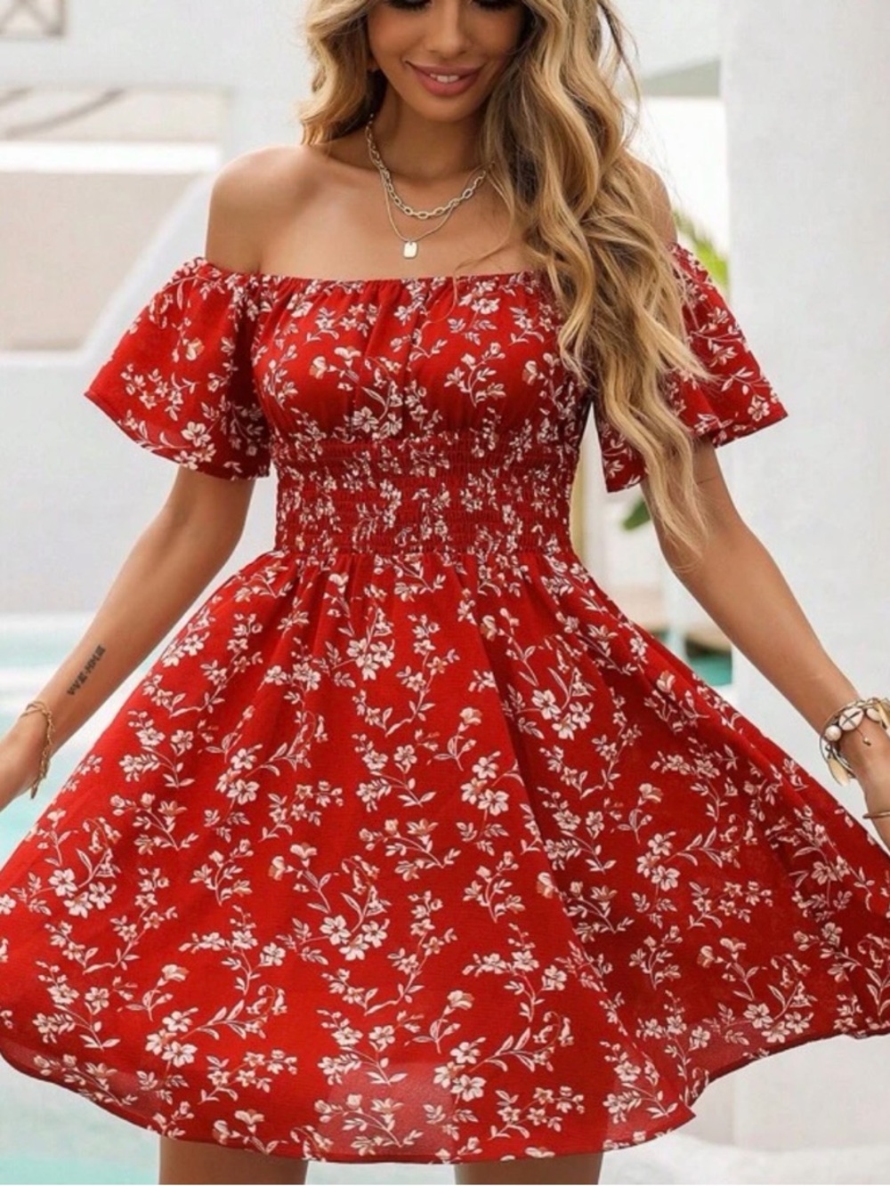 Red Floral Off-Shoulder Smocked Waist Dress